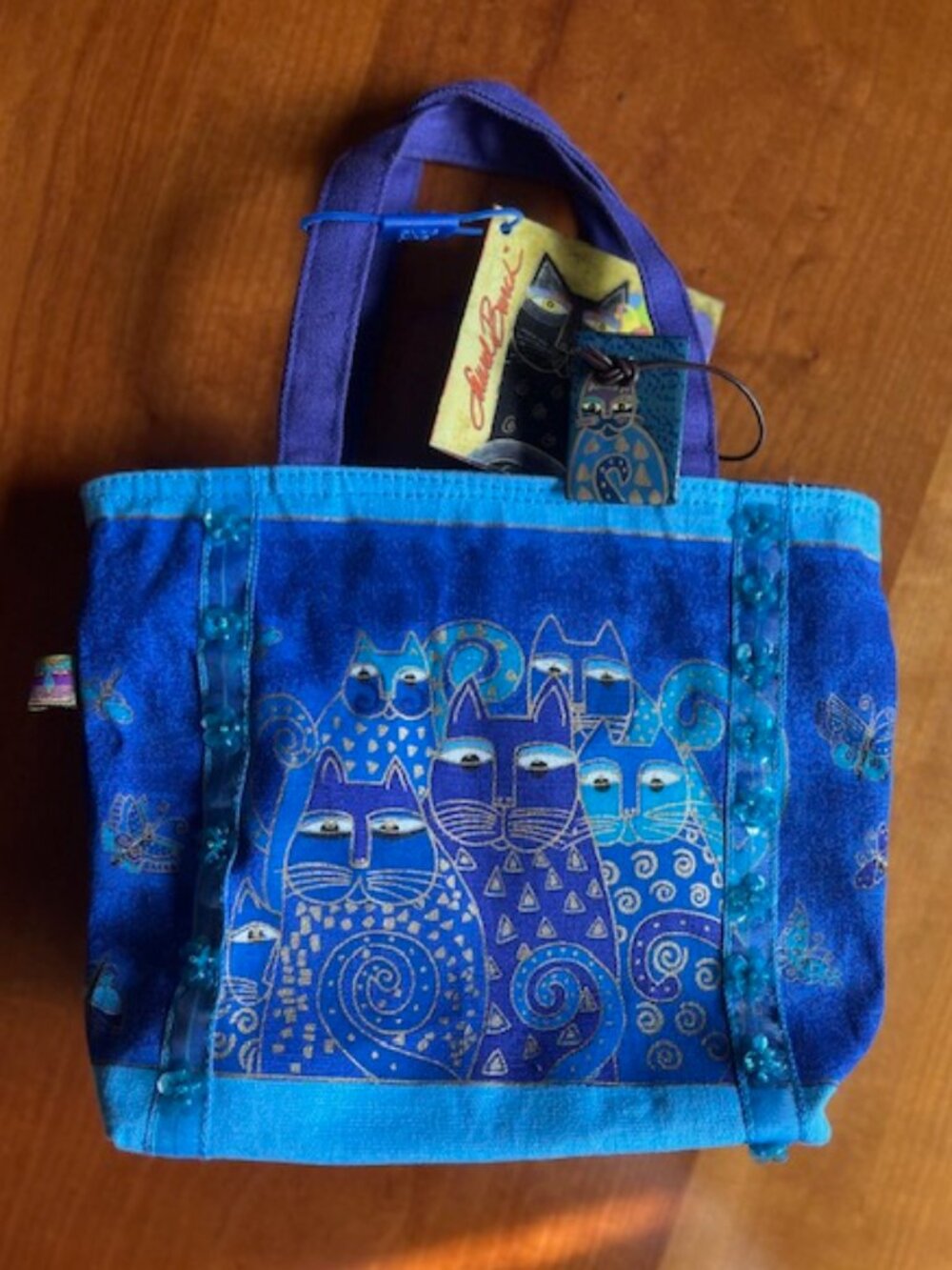 NWT Laurel Burch Original Cats Print Tote Bag Purple Handle Beads - Picture 2 of 16